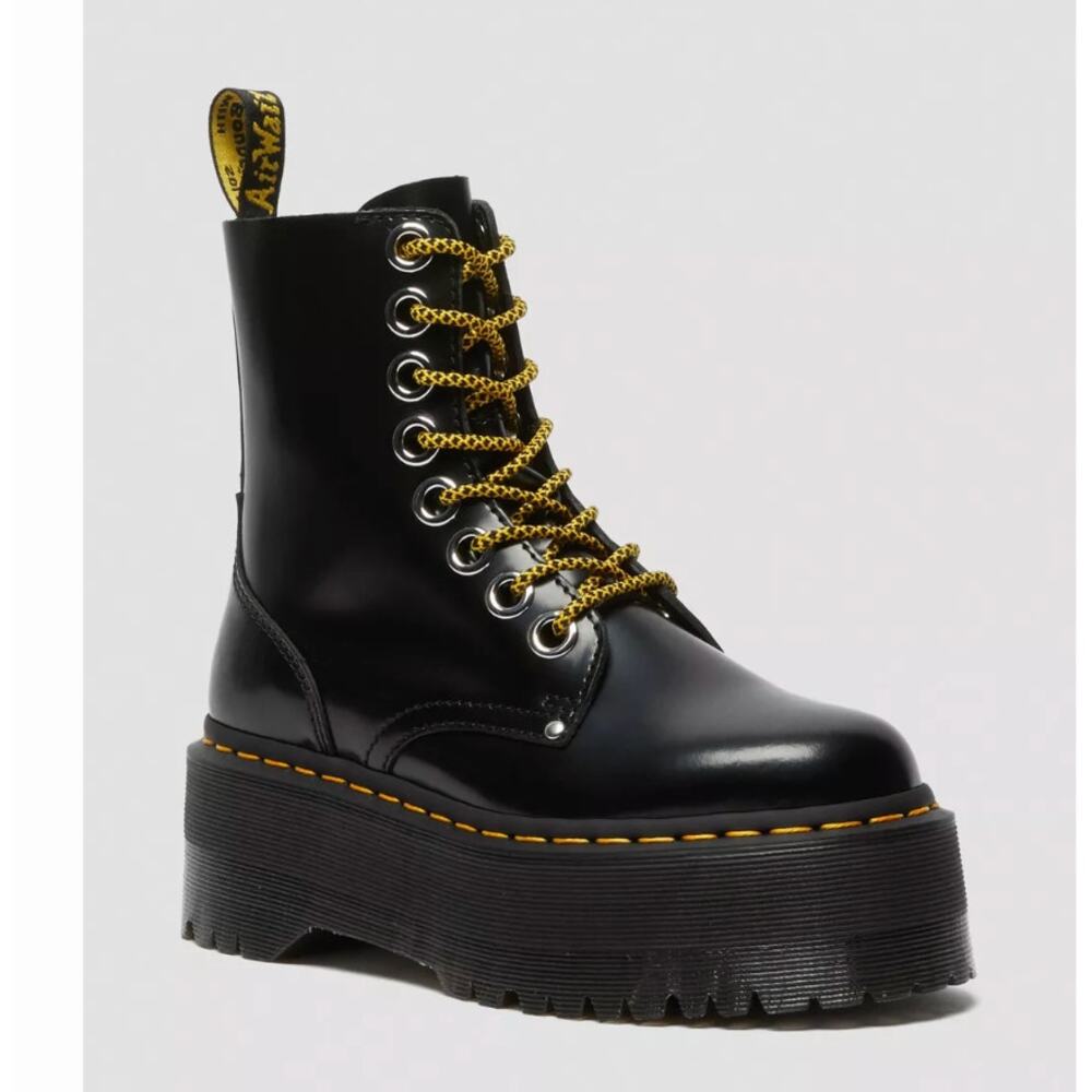 Dr. Martens Black Leather Platform Lace-Up Ankle Boots with Yellow Accents